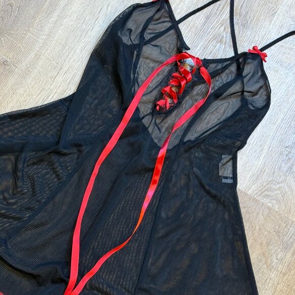 90s Black Sheer Mesh Lingerie Babydoll Red Ribbon Accent M/L - Picture 3 of 6